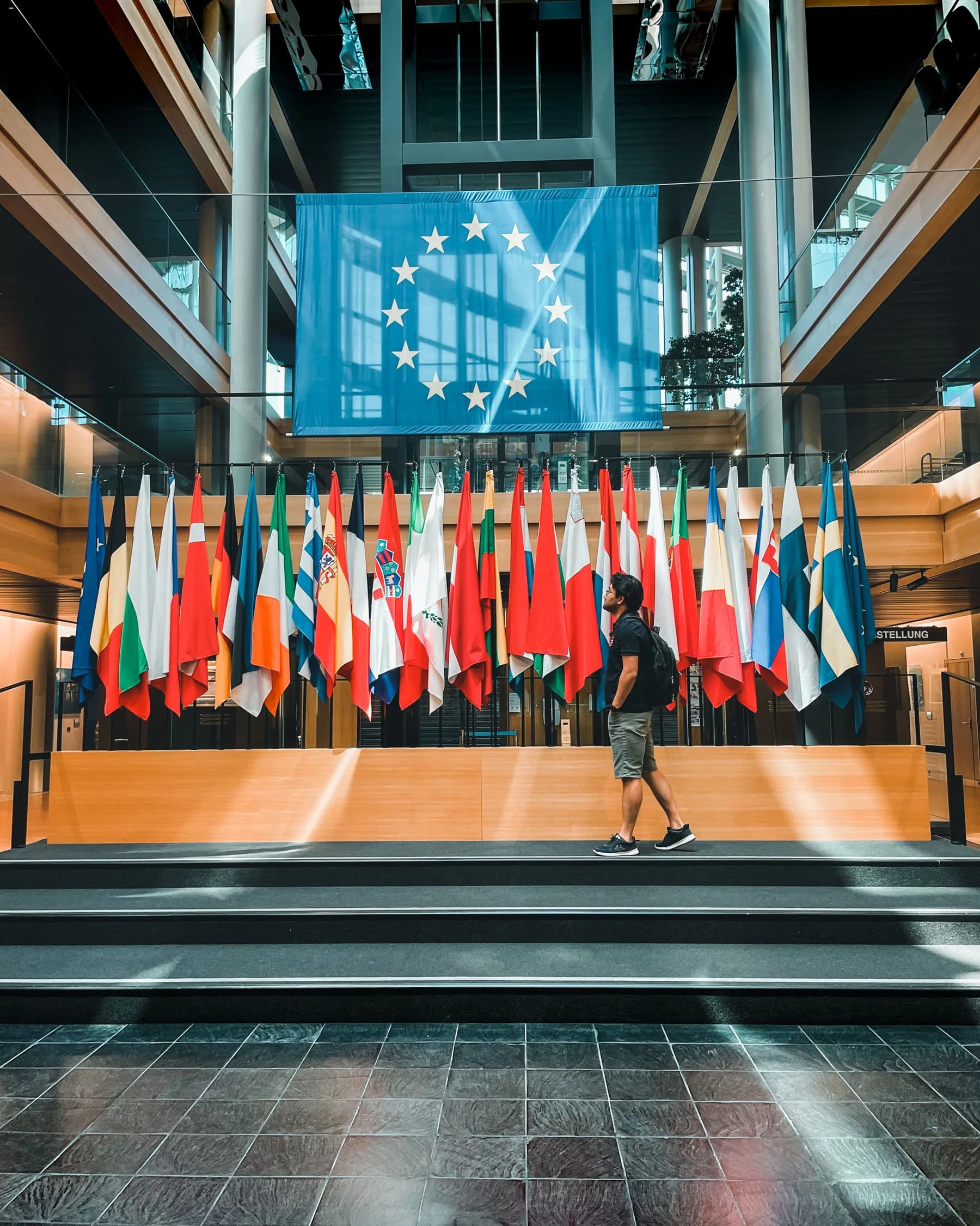 National flags inside the European Parliament in Strasbourg